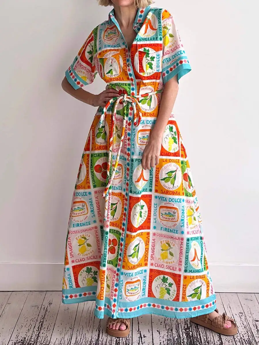 High Printed Buttoned Shirt Maxi Dress