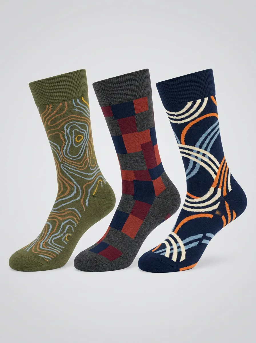 Men's Geometric Abstract Pattern Print Ribbed Cuffs Secure Fit 3-Pack Socks