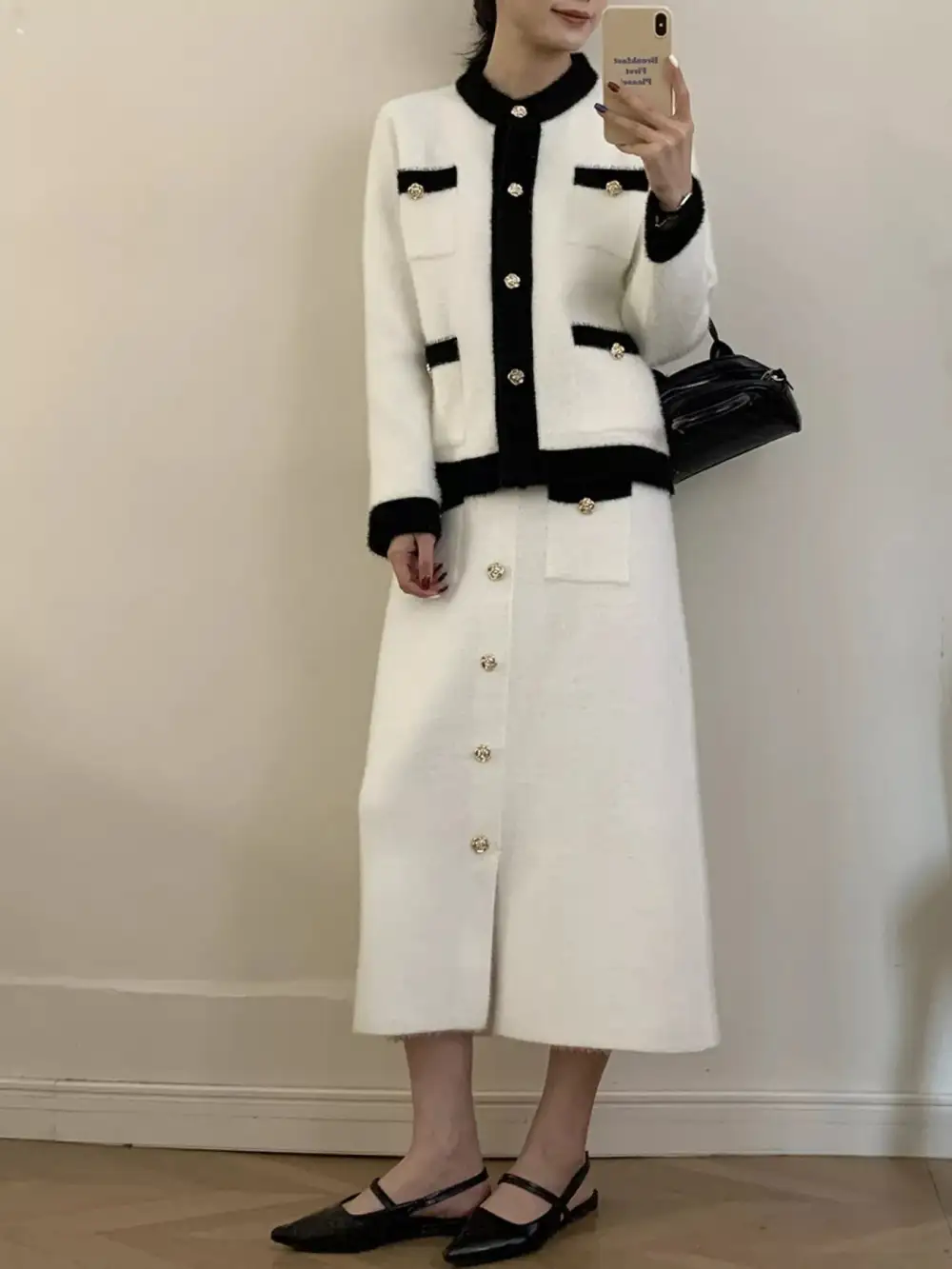Contrast Trim Jacket and Skirts Sweater Set
