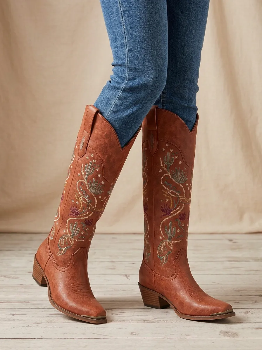 Women's Cactus Floral Denim Over-the-Knee Boots