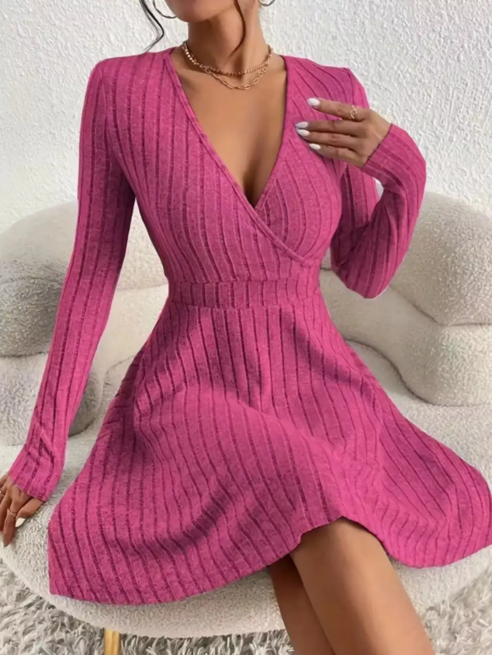 Ribbed Knit Wrap Mini Dress
