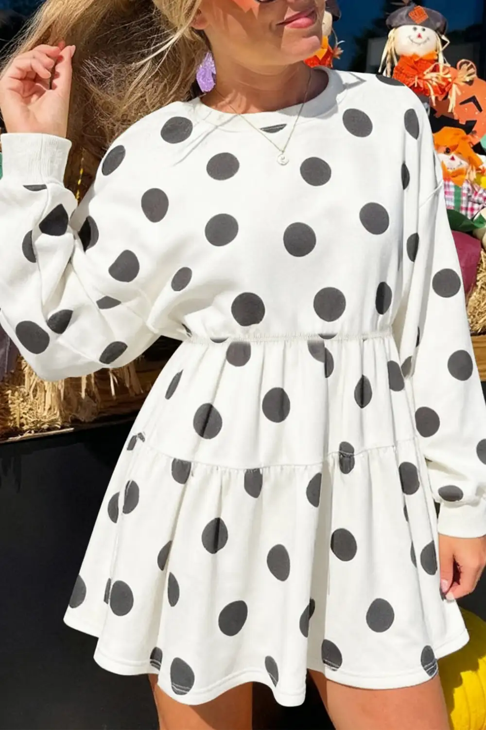 Polka Dot Printed Long Sleeve Mini Dress