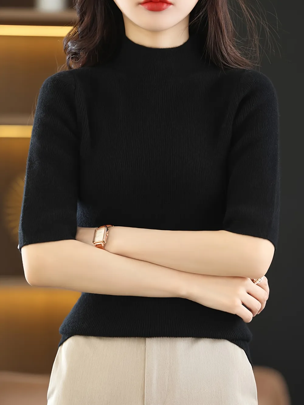 Mock Neck Knitted Top Casual Short Sleeve