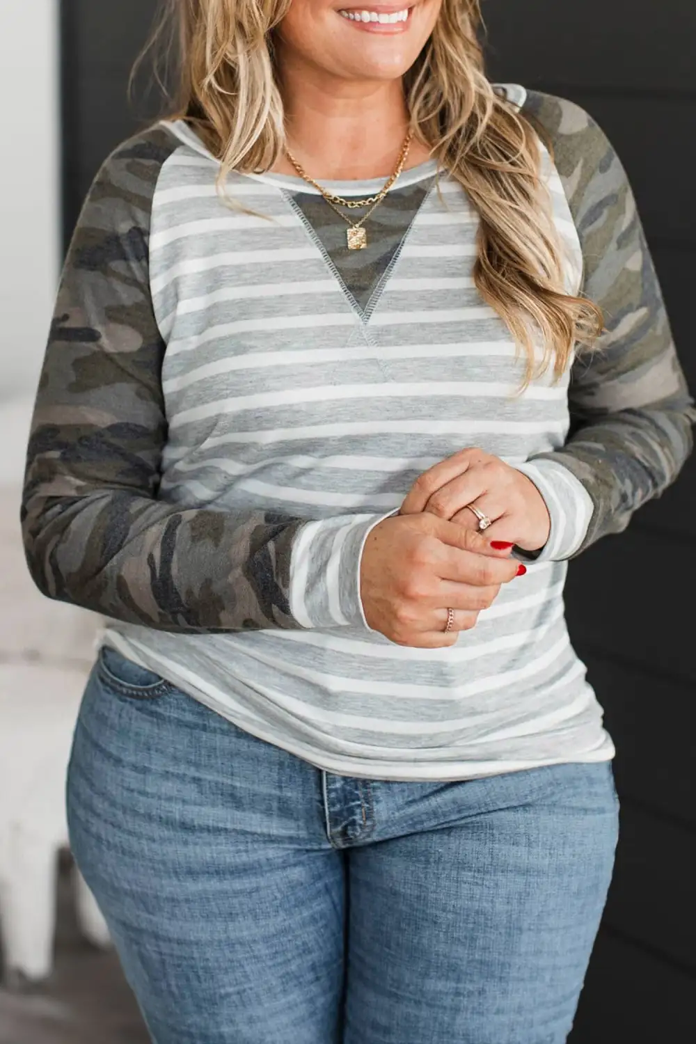 Camouflage Print Round Neck Relaxed Long Sleeve Top