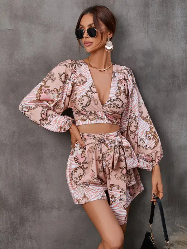 Hollowed Out Long Sleeved V Neck Shorts