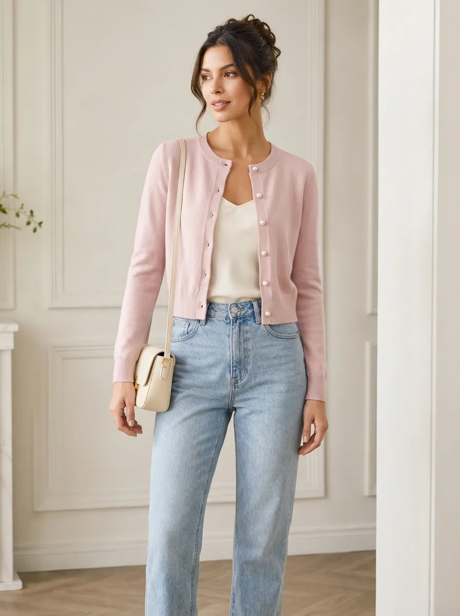 Women's Casual Pink Pearl Button Knit Cardigan Top