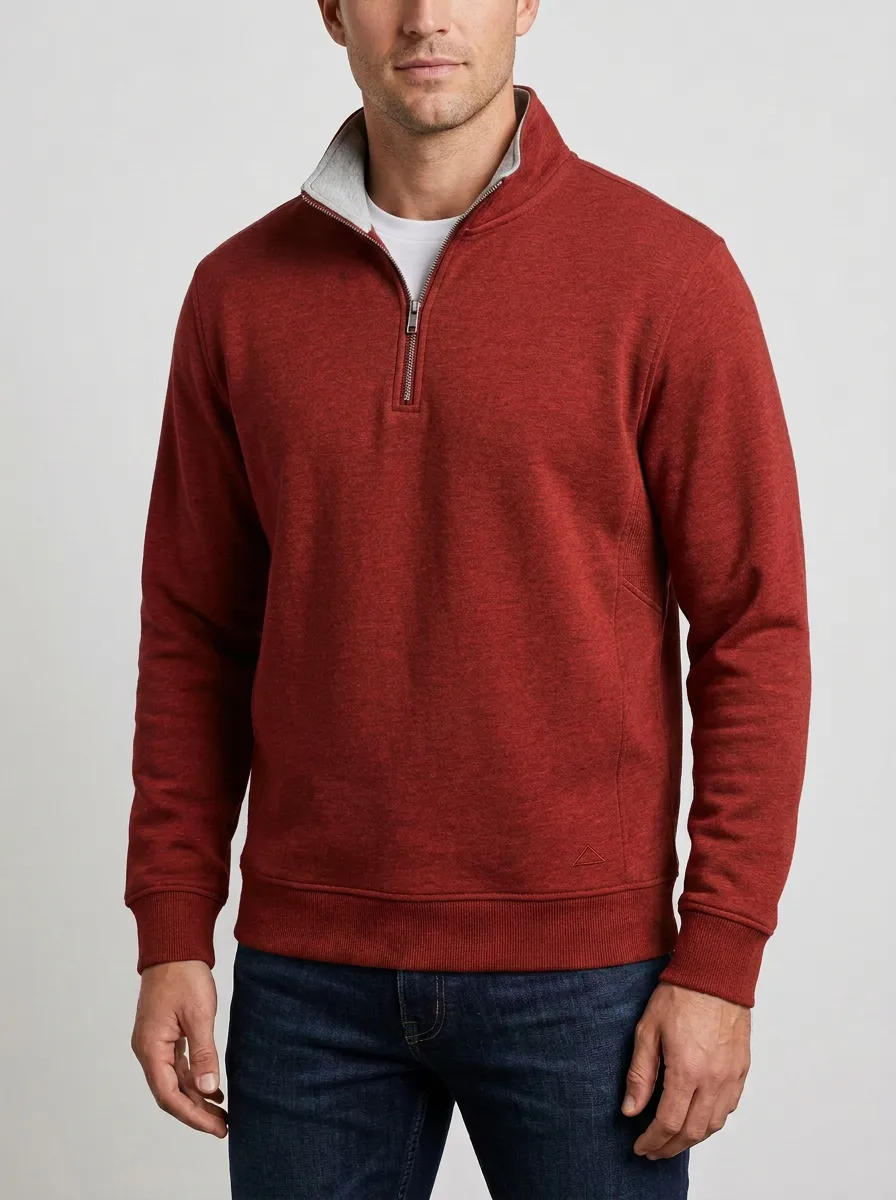 Men's Relaxed Minimalist Textured Embroidered Emblem Quarter-Zip Sweatshirt