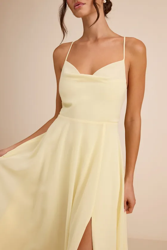 Romantically Speaking Light Yellow Cowl Lace-Up Maxi Dress