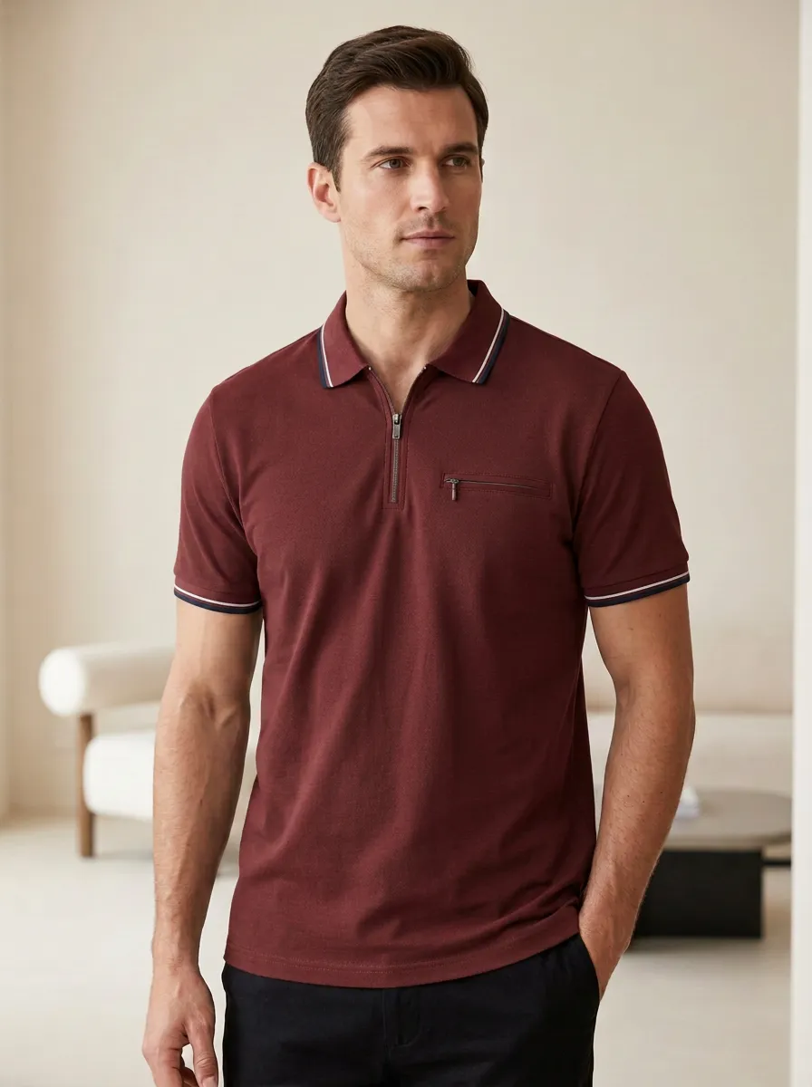 Women's Zipper-Pocket Pocket Striped-Trim Polo Shirt