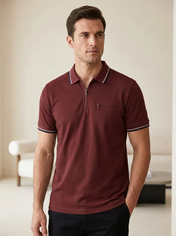 Women's Zipper-Pocket Pocket Striped-Trim Polo Shirt