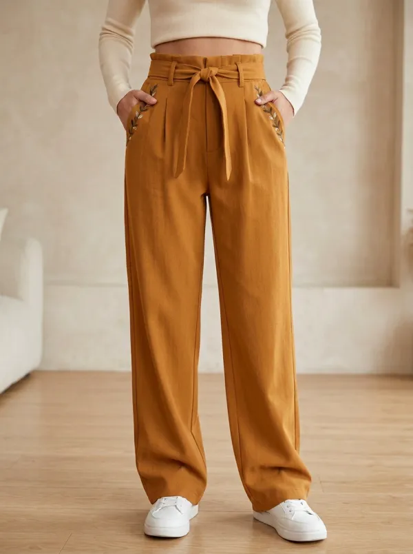 Women's Casual Leaf Embroidery Tie-Waist Print Trousers