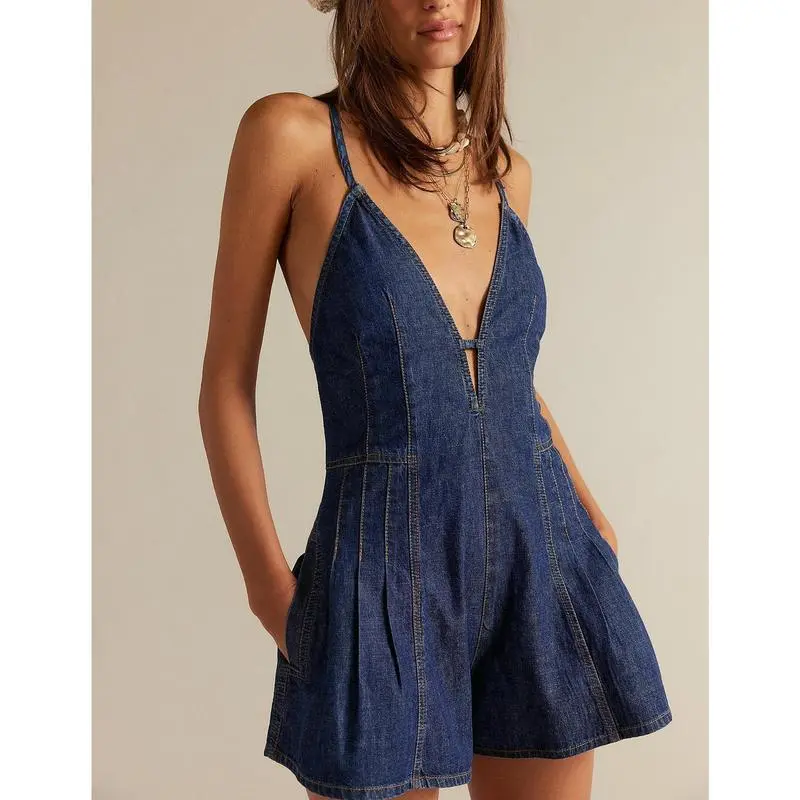 5 PACK Deep V Neck Shorts Denim Romper