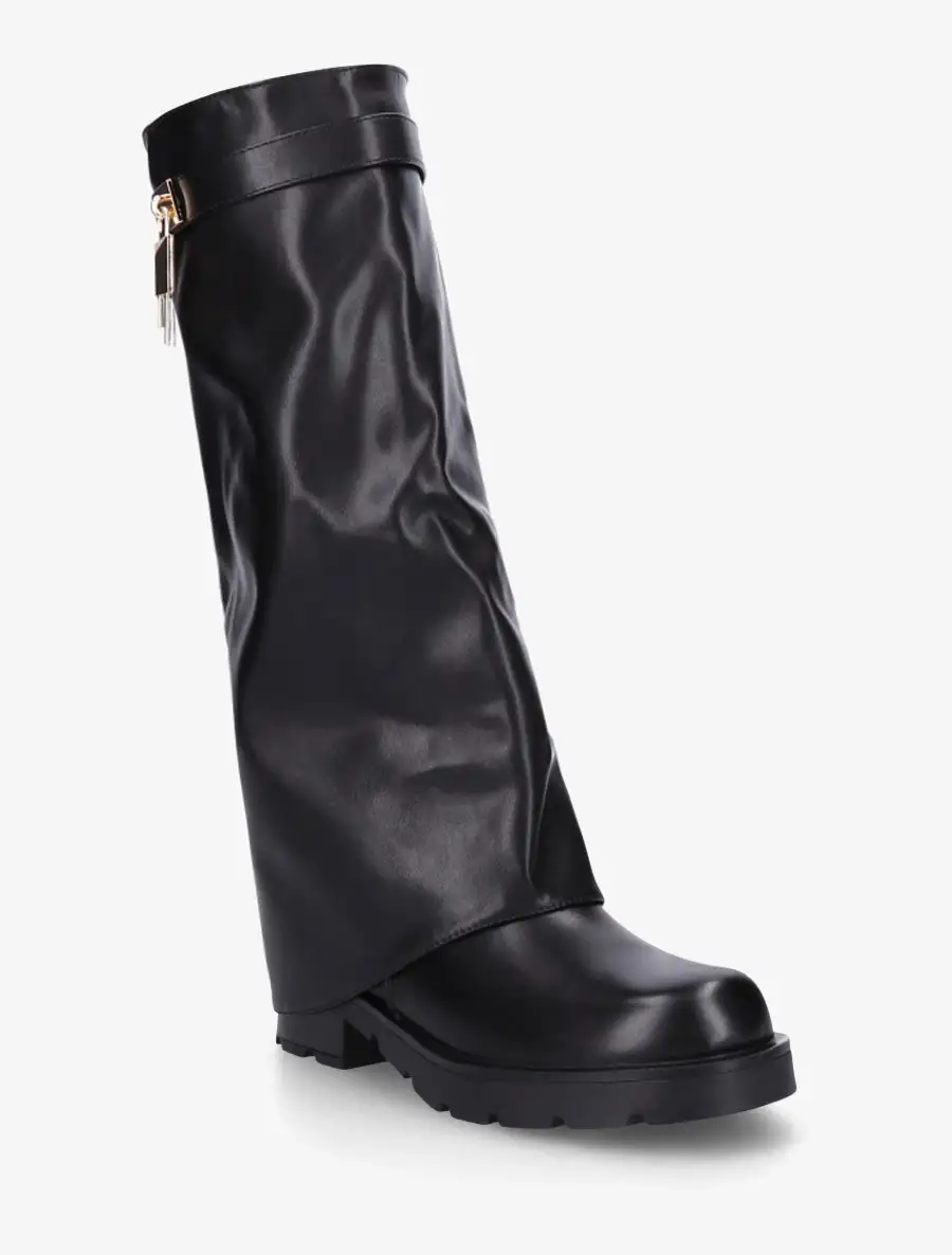 Textured Block Heel Fold-Over Faux Leather Knee High Boots