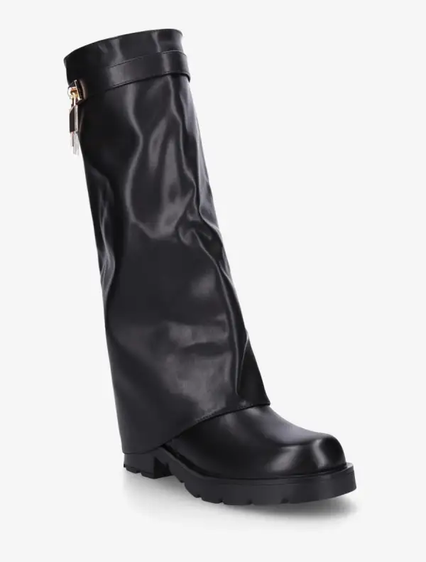 Textured Block Heel Fold-Over Faux Leather Knee High Boots