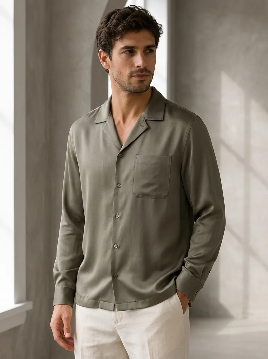 Men's Minimalist Olive Green Solid Color Long Sleeve Camp Collar Shirt