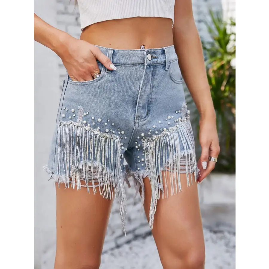 Distressed Pearl Trim Denim Shorts with Pockets