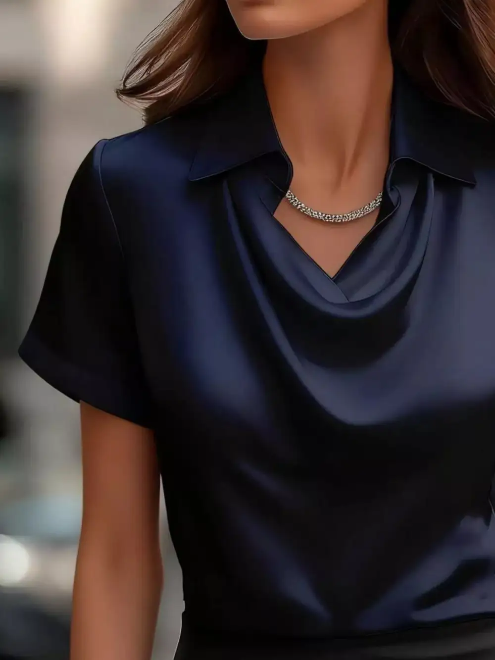 Cowl Neck Short Sleeve Satin Blouse Plus