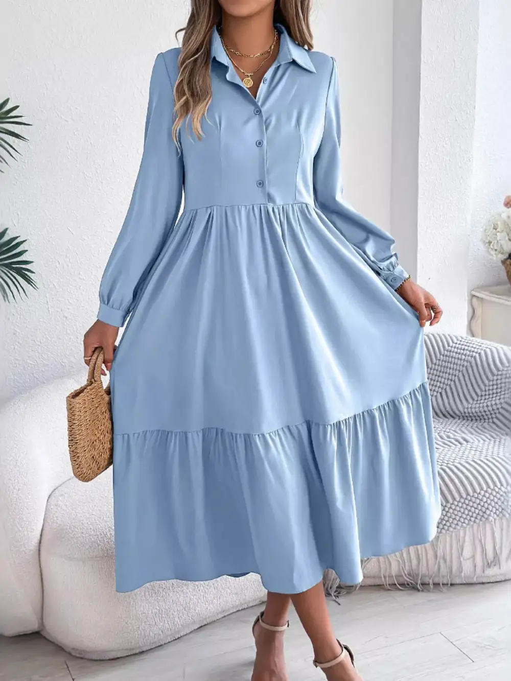 Button Front Tiered Long Sleeve Midi Dress