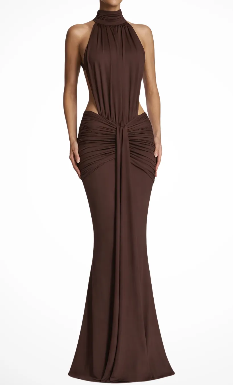 Bodycon Halter Neck Ruched Maxi Dress