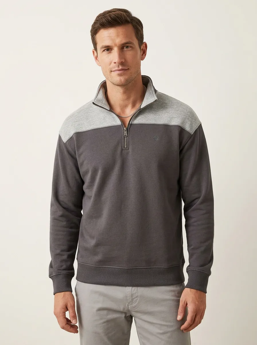 Men's Colorblock Textured Embroidered Emblem Quarter-Zip Sweatshirt