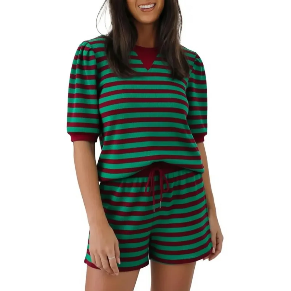 Women's Striped Puff Sleeve Short Sleeve 2‑Piece Set