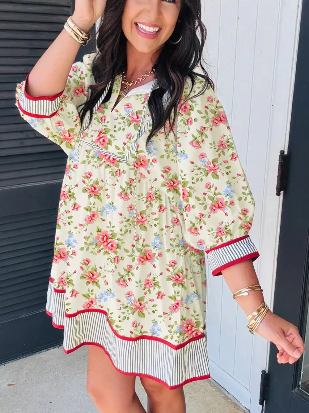 Floral Striped Puff Sleeve Dress Casual