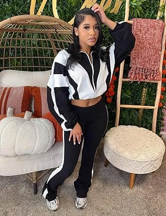 Womens Sweatsuits 2 Piece Set Contrast Color Long Sleeve Zip Up Cropped Jacket Leggings Pants Jogger Track Suits