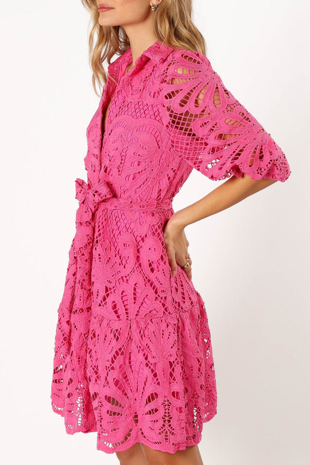 PINK HOLLOW LONG SLEEVE MINI DRESS