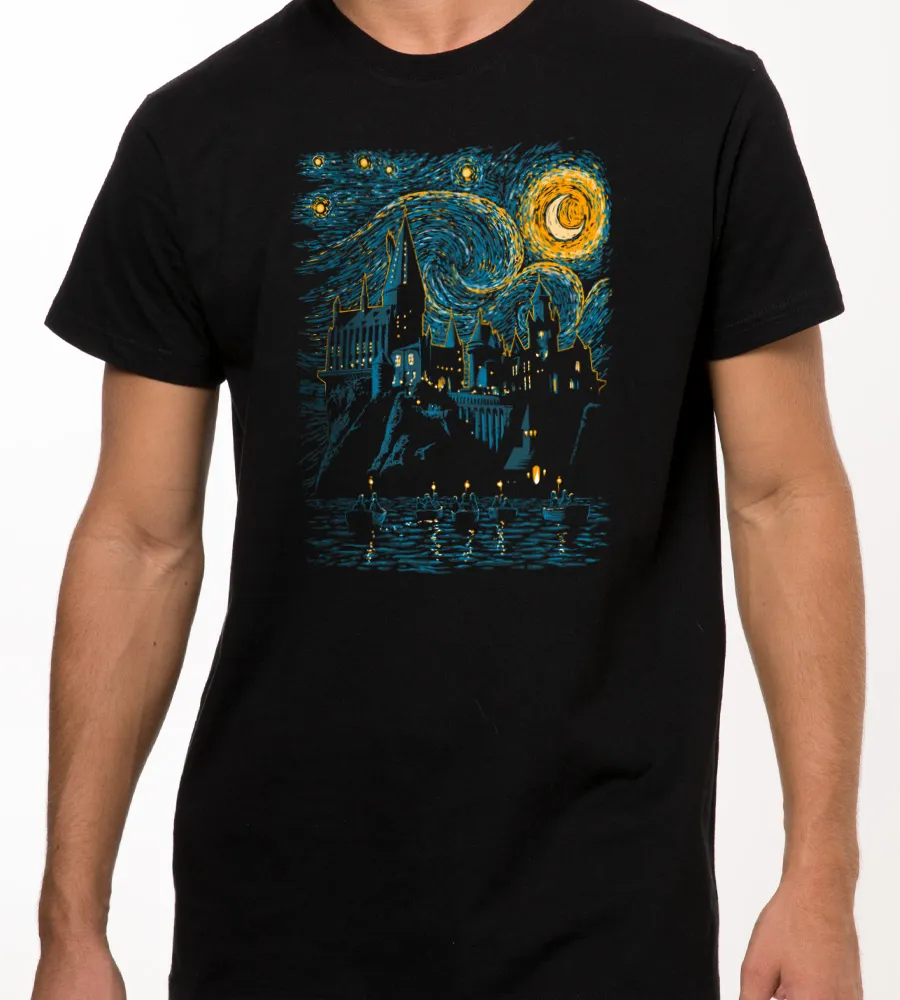 Starry Night Castle Graphic Black Unisex T-Shirt