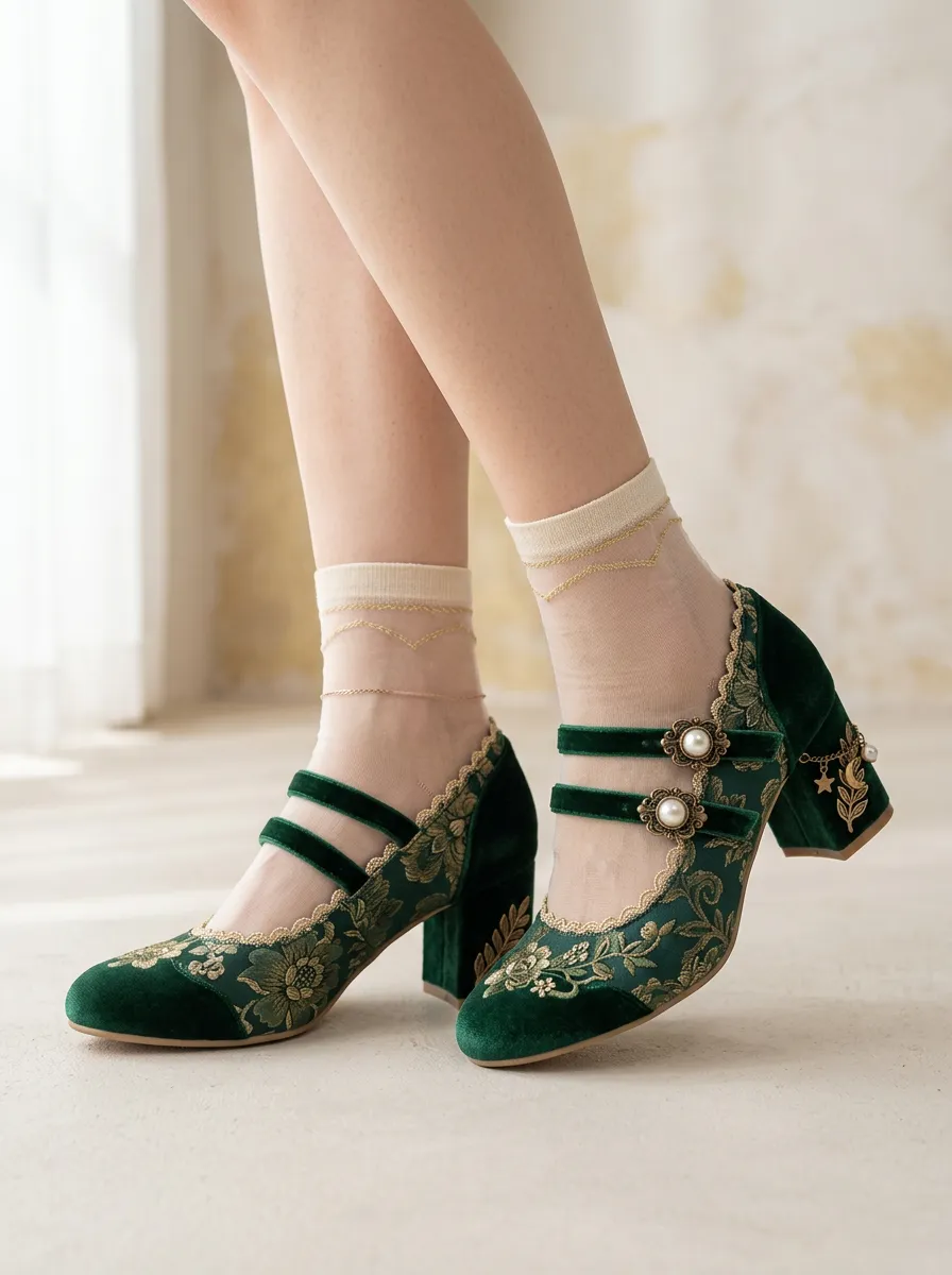 Mary Jane Floral Velvet Embroidered Women's Bavarian Occasion Heels