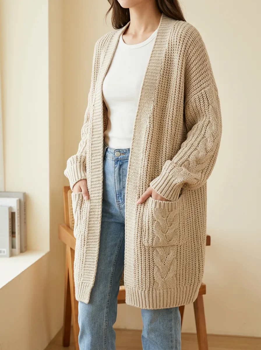 Women's Minimalist Cable Knit Open-Front Long Cardigan