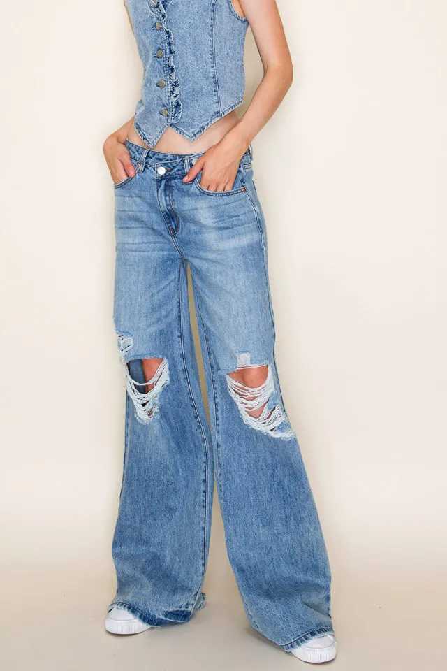 Women's High Rise Crossover Relaxed Wide Leg Rigid Denim Jeans