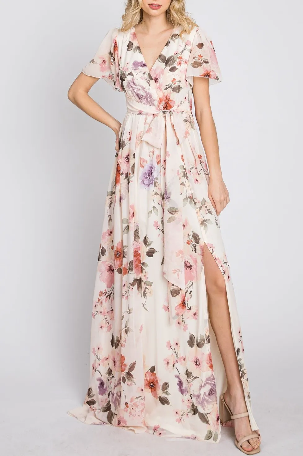 Cream Floral Chiffon Maxi Dress