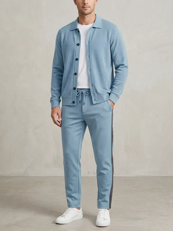 Men's Textured Button Detail Polo Collar Jacket and Jogger Pants Set