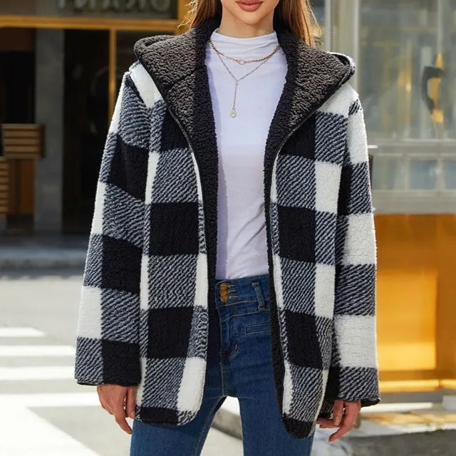 Hooded Plaid Button-Front Fleece Relaxed Cardigan