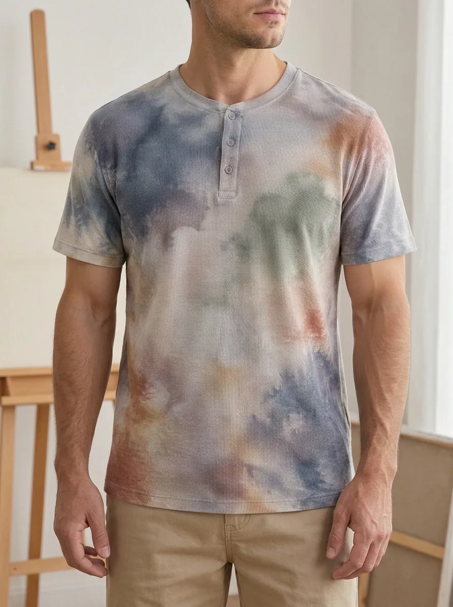 Men's Relaxed Tie-Dye Waffle Knit Henley T-Shirt
