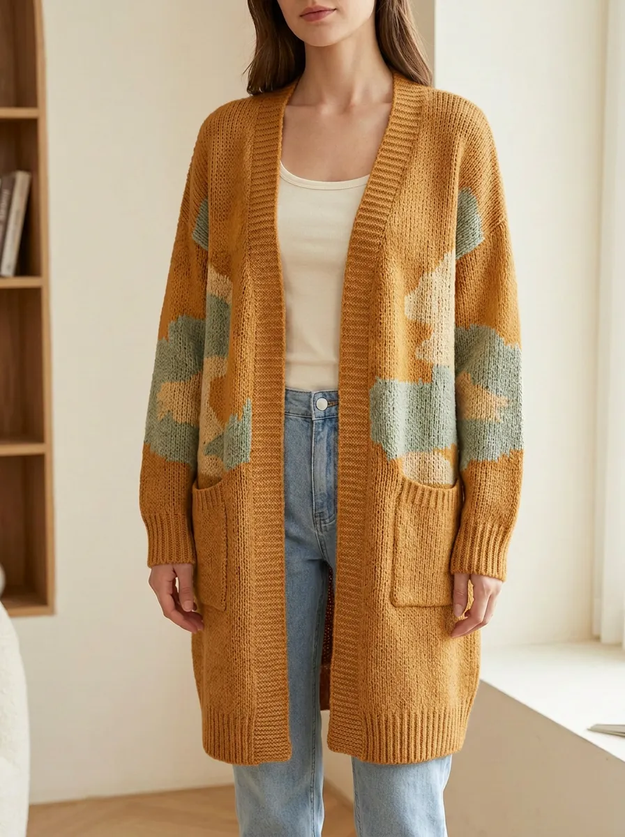 Women's Colorblock Pattern Knit Long Cardigan