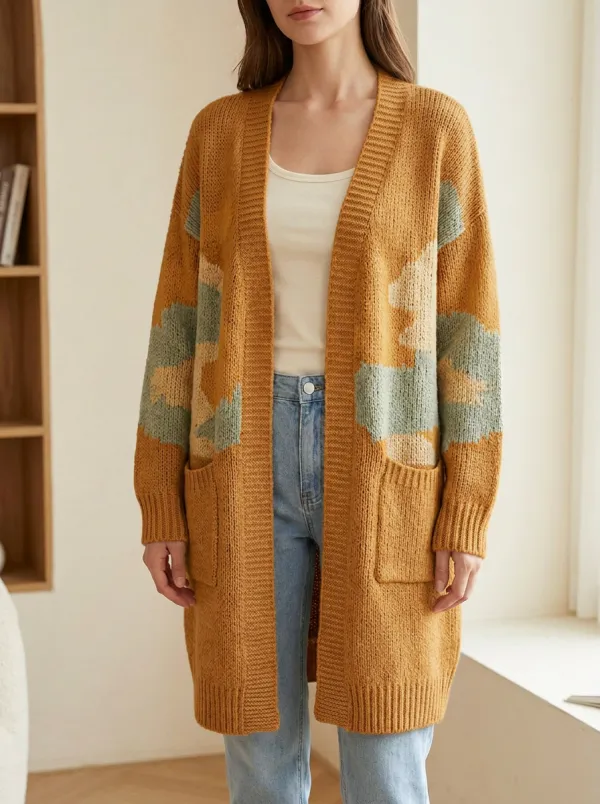 Women's Colorblock Pattern Knit Long Cardigan
