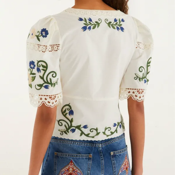 Lace-Trim Embroidered Short-Sleeve Blouse