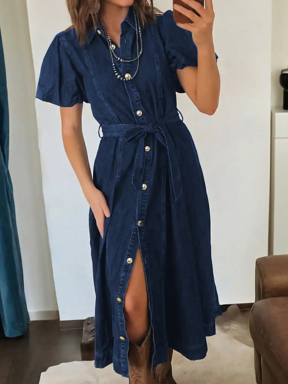 Denim Button Front Tie Waist Midi Dress