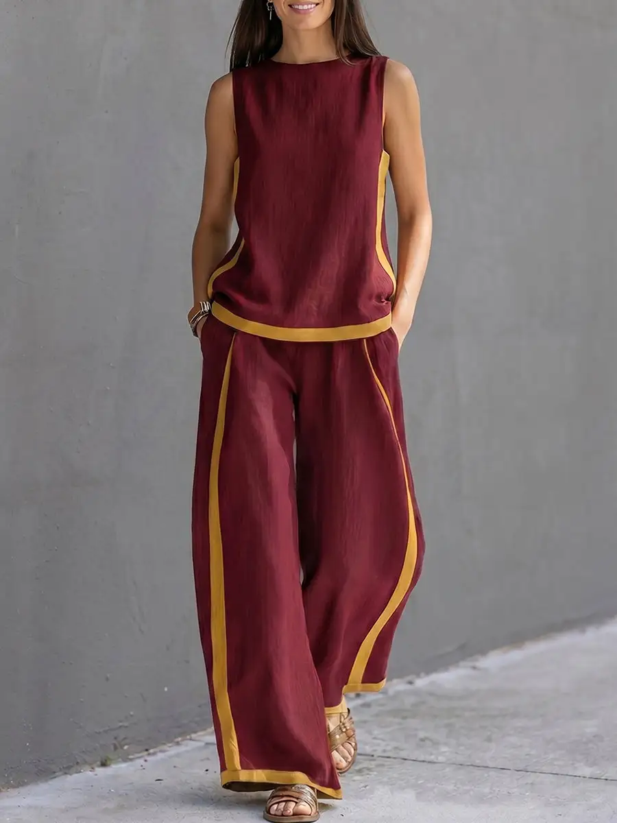 High Waist Round Neck Top And Pants Set