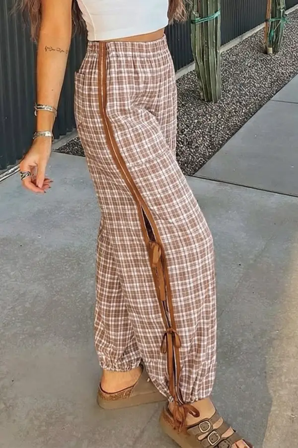 Active Plaid Elastic Waist Pants