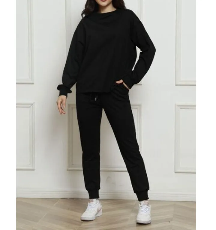 Round Neck Long Sleeve Top and Drawstring Pants Set