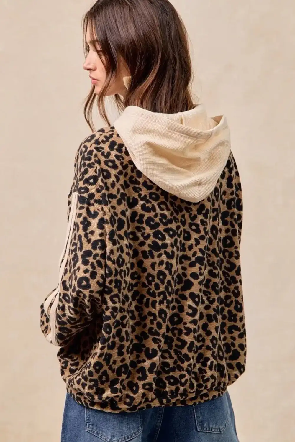 Leopard Print Waffle Knit Pocket Detail Hooded Sweatshirt