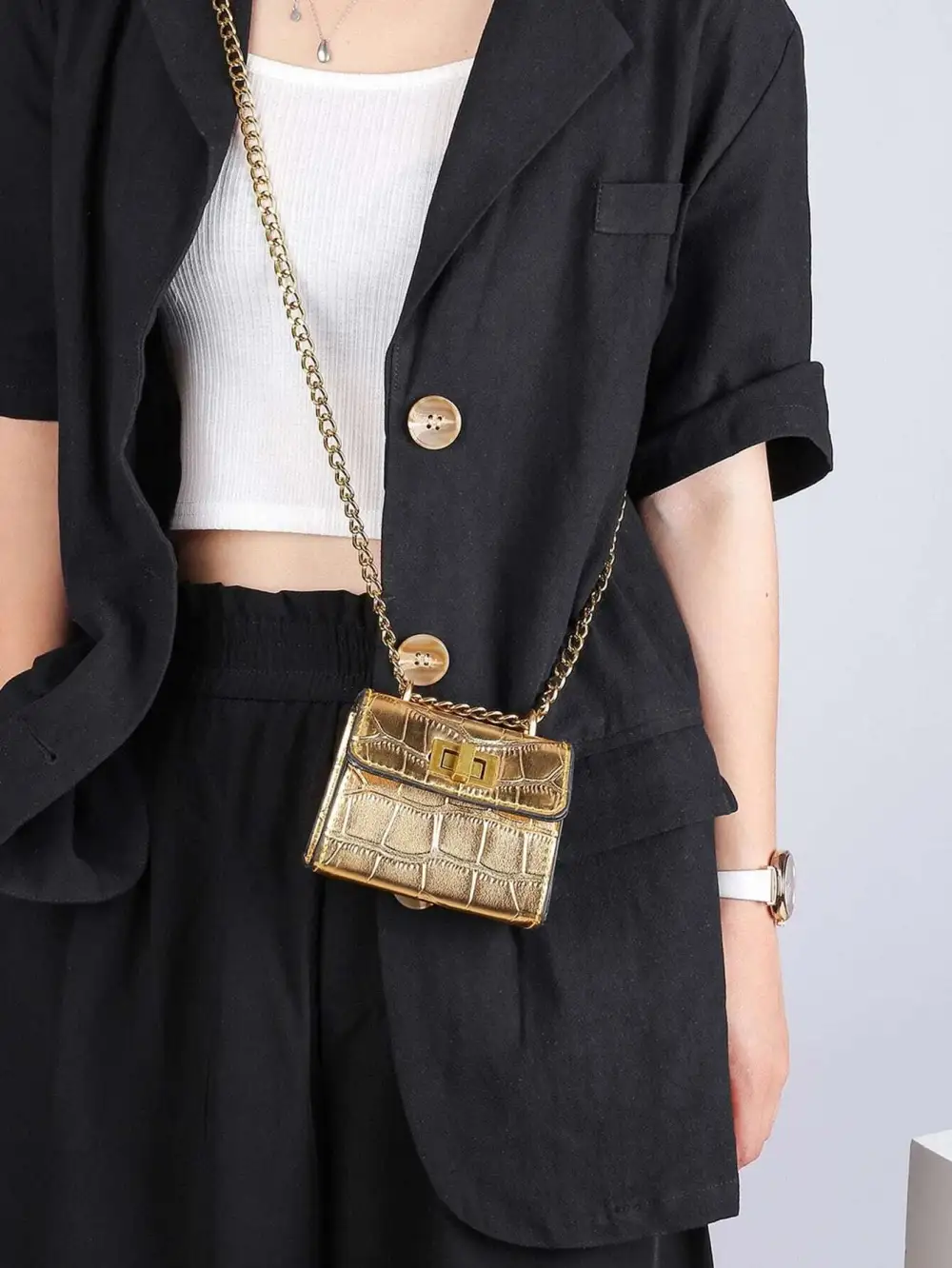 Metallic Crocodile Embossed Square Bag