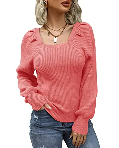 Women's Square Neck Long Lantern Sleeve Sweater Fit Chunky Knitted Pullover Jumper Tops