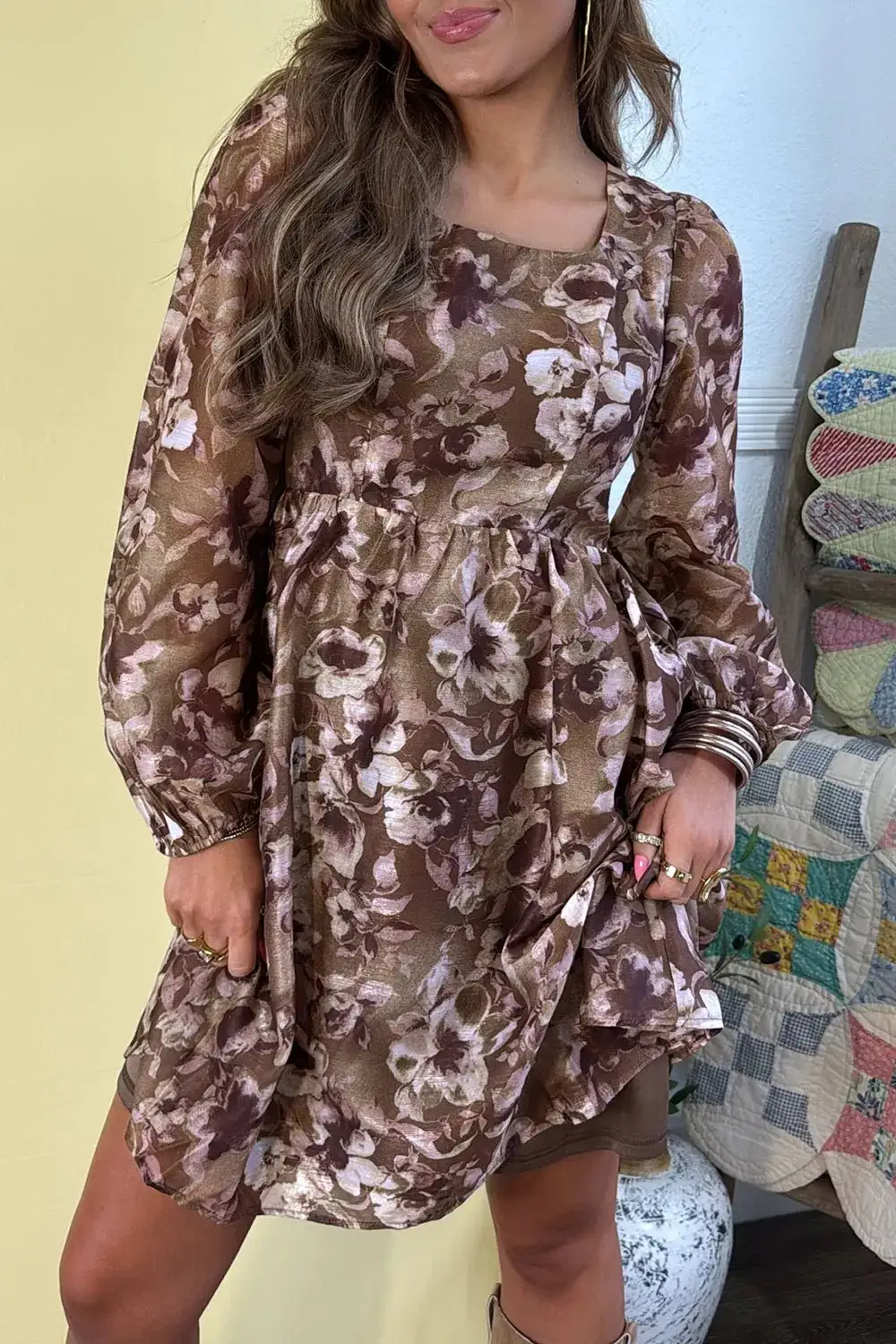 Abstract Floral Print Square Neck Long Sleeve Mini Shift Dress
