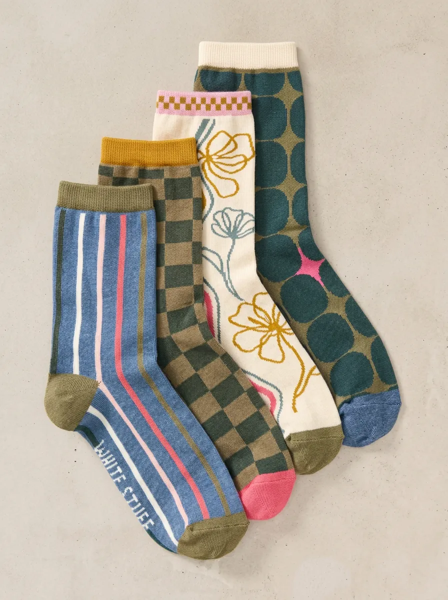 Easy-Wear Floral Striped Finish Women's Four Pair Socks