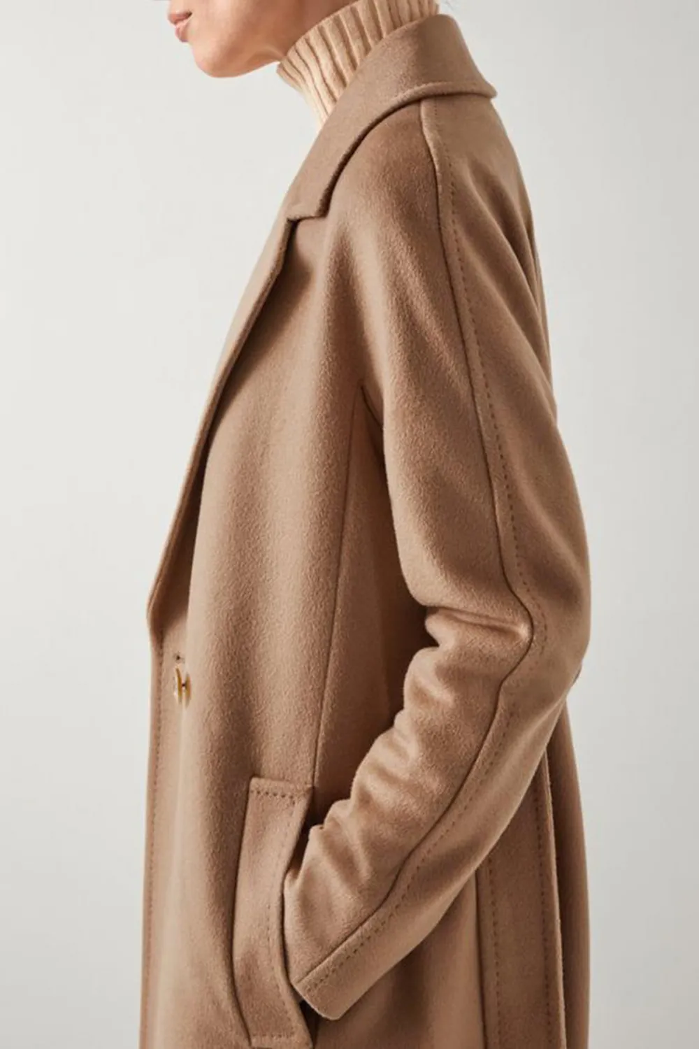 Camel Colored Belted Long Wool Coat