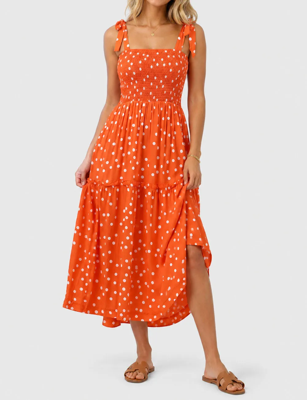 Abstract Smocked Strap Square Neck Midi Dress